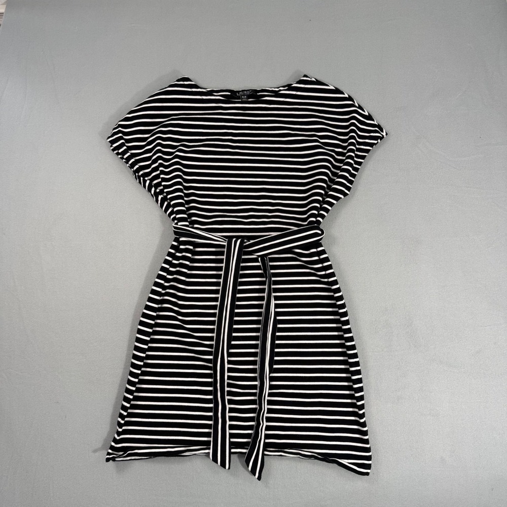 Lauren Ralph Lauren Striped Dress Petite L Black Excellent Cotton